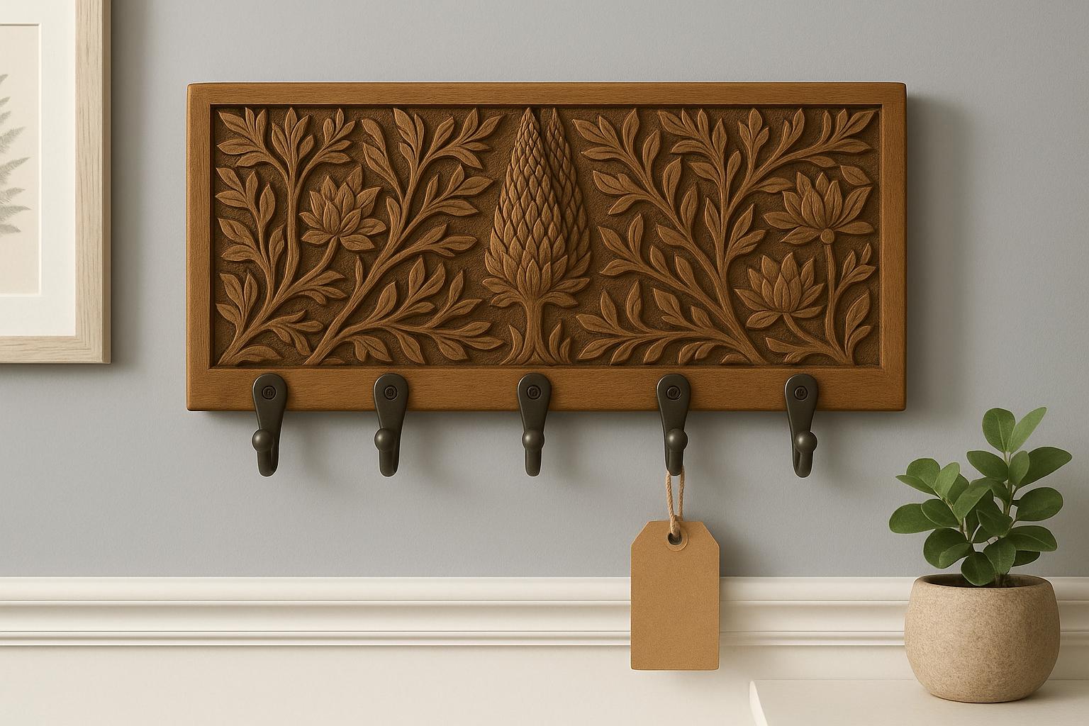 Wooden Wall Key Holder - 5 Black Hooks