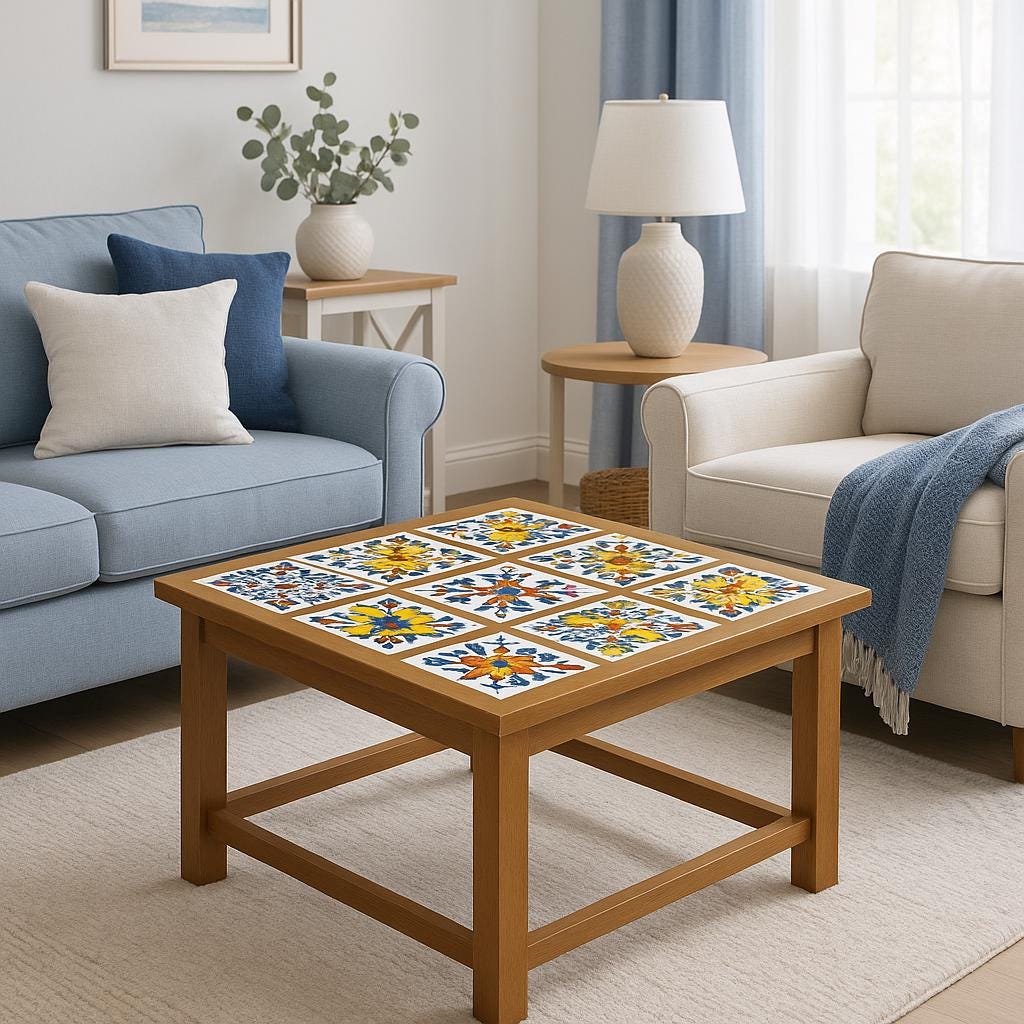 Round Wood Coffee Table - Ceramic Tile Inlay Boho