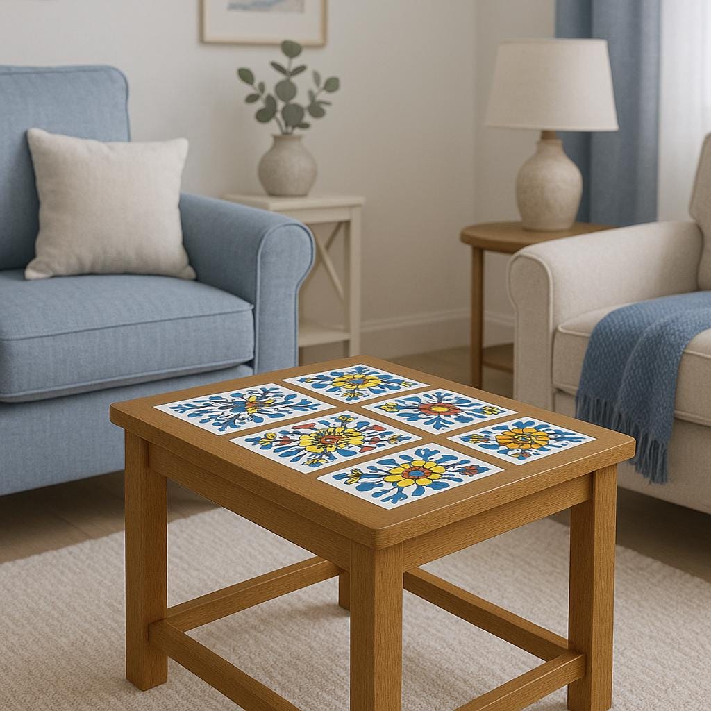 Round Wood Coffee Table - Ceramic Tile Inlay Boho