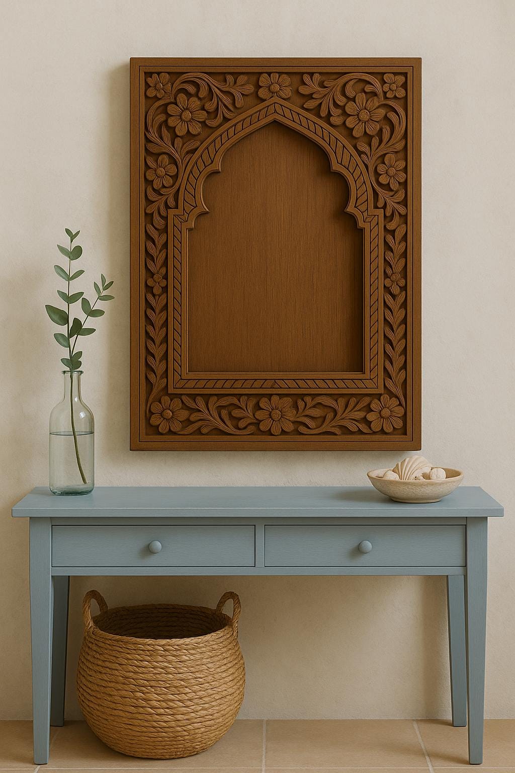 Hand-Carved Wooden Wall Panel - Arch Floral