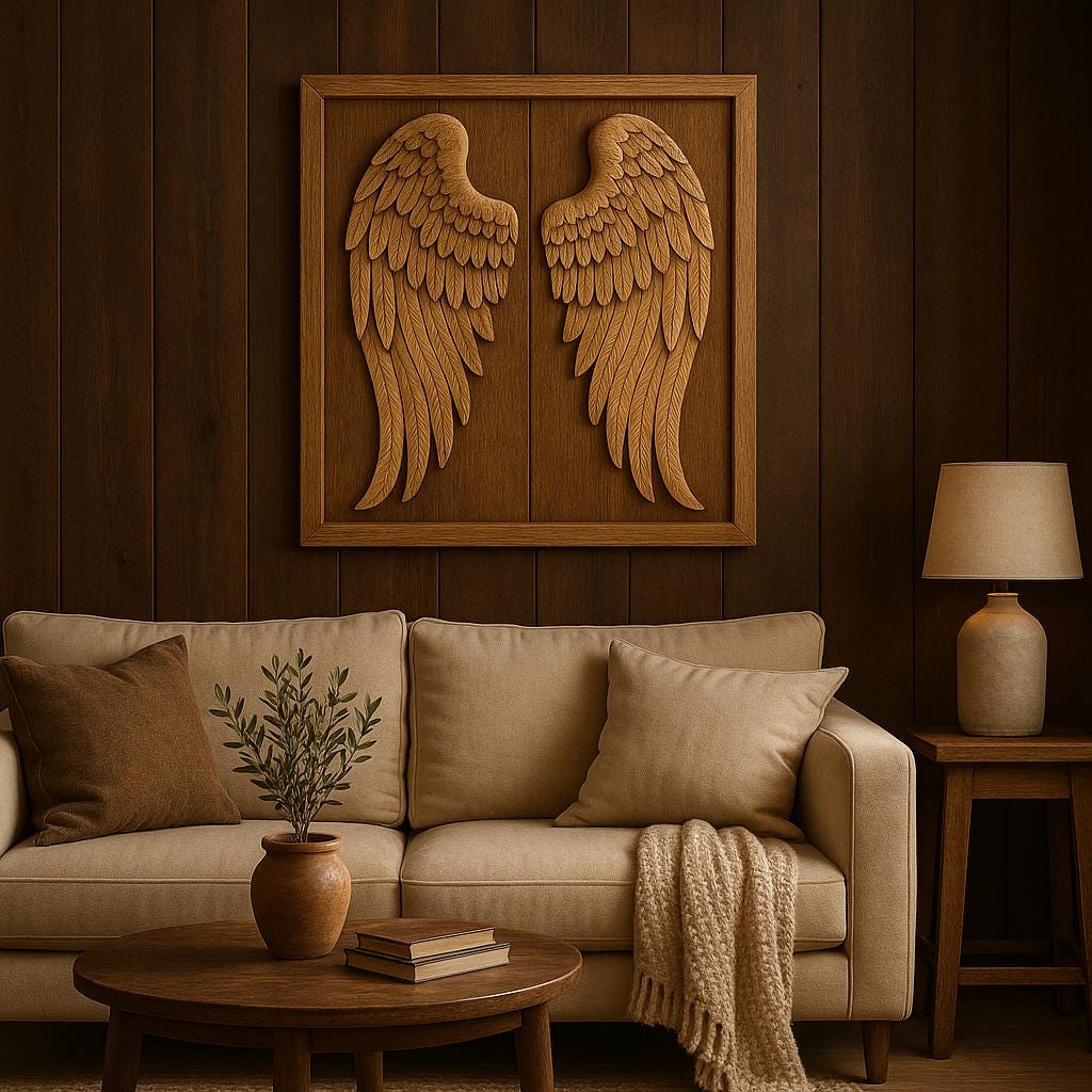 Angel Wings Wall Art - Hand Carved Rustic Teak Panel
