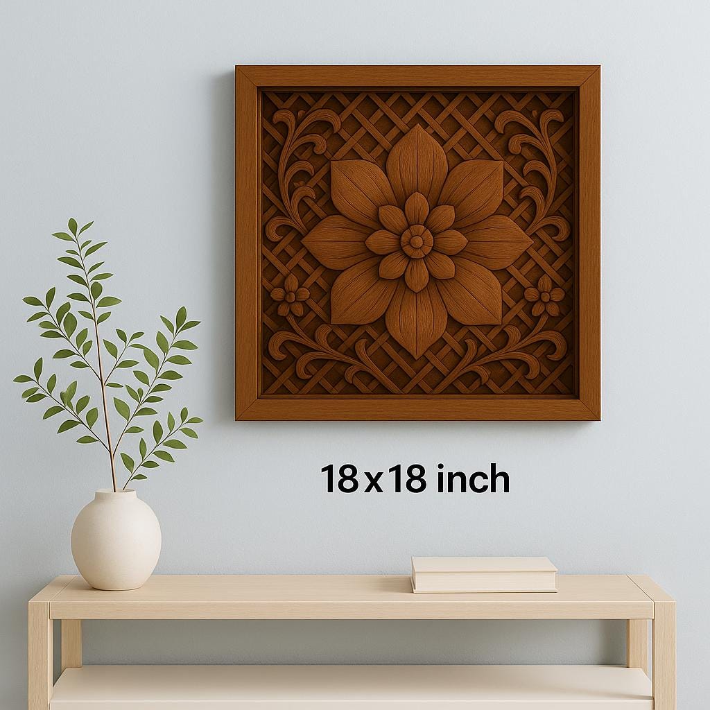 Wooden Wall Panel 18x18" - Floral Carved Teak