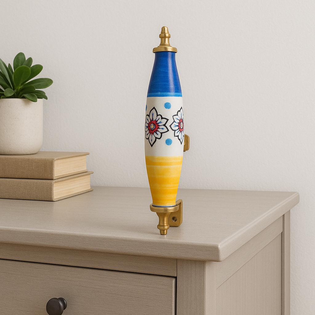 Floral Ceramic Drawer Pulls - Blue, Yellow, and Brass Hardware (Set of 2)