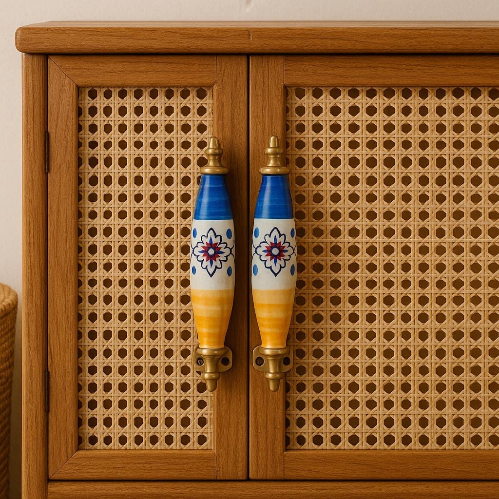 Floral Ceramic Drawer Pulls - Blue, Yellow, and Brass Hardware (Set of 2)