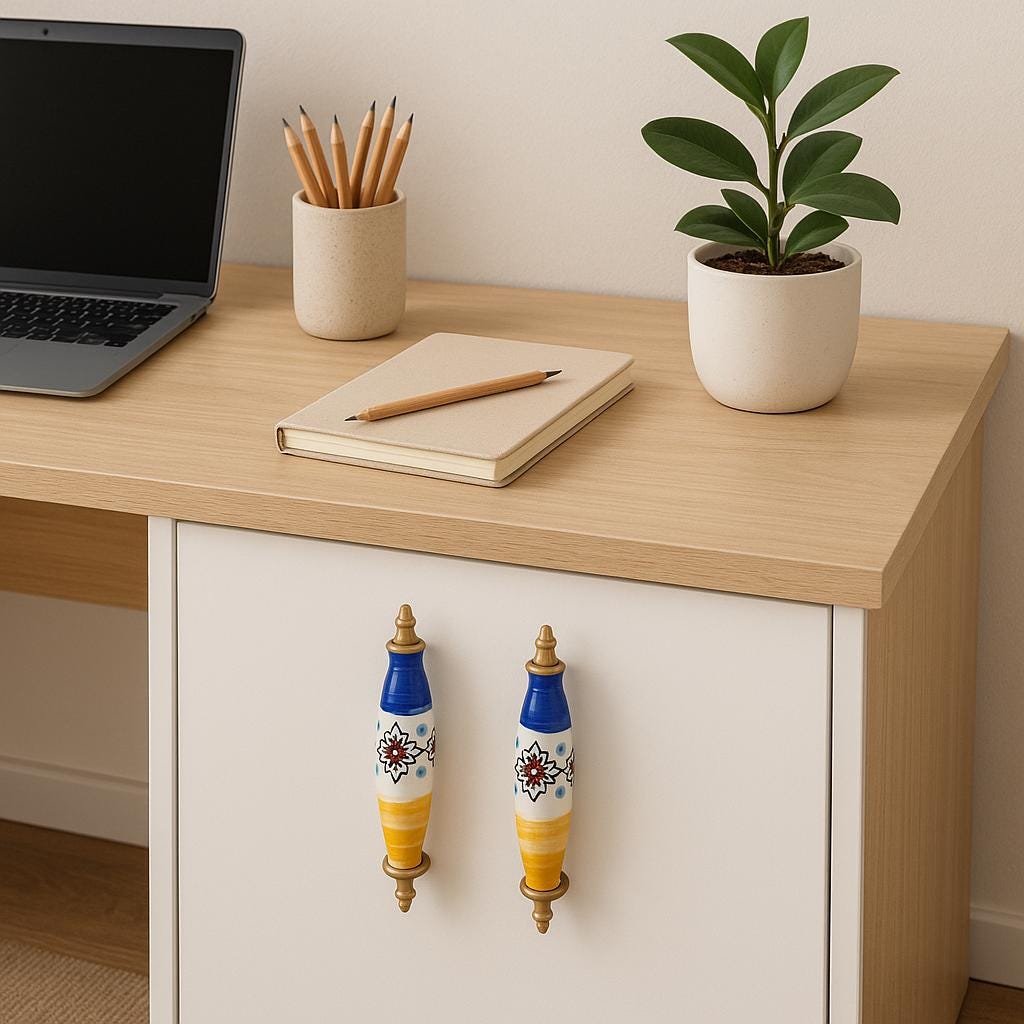 Floral Ceramic Drawer Pulls - Blue, Yellow, and Brass Hardware (Set of 2)