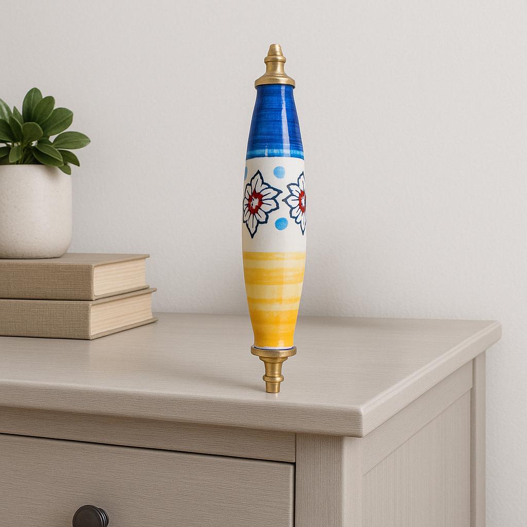 Floral Ceramic Drawer Pulls - Blue, Yellow, and Brass Hardware (Set of 2)