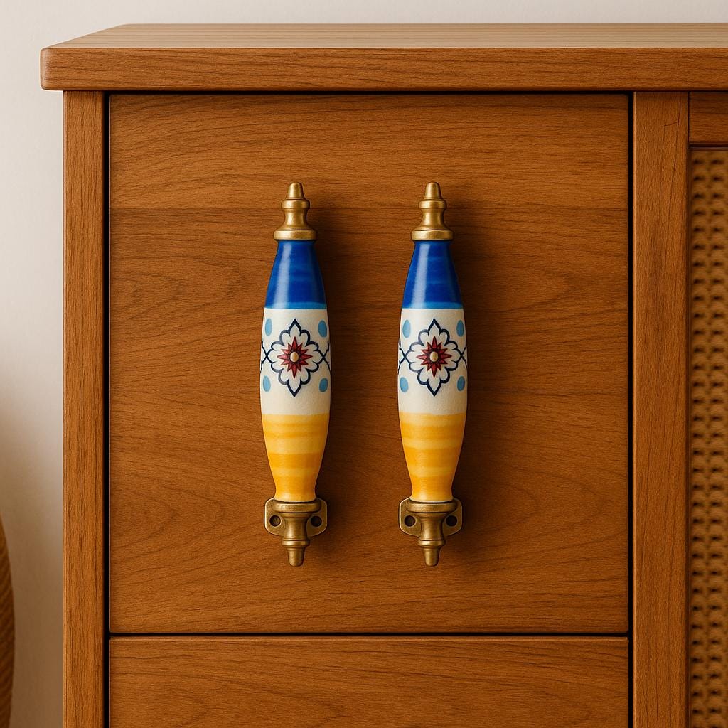 Floral Ceramic Drawer Pulls - Blue, Yellow, and Brass Hardware (Set of 2)