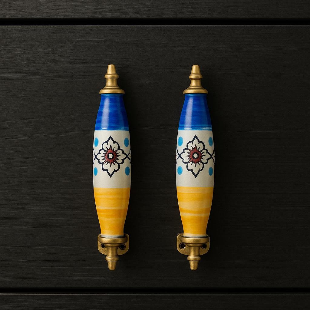 Floral Ceramic Drawer Pulls - Blue, Yellow, and Brass Hardware (Set of 2)