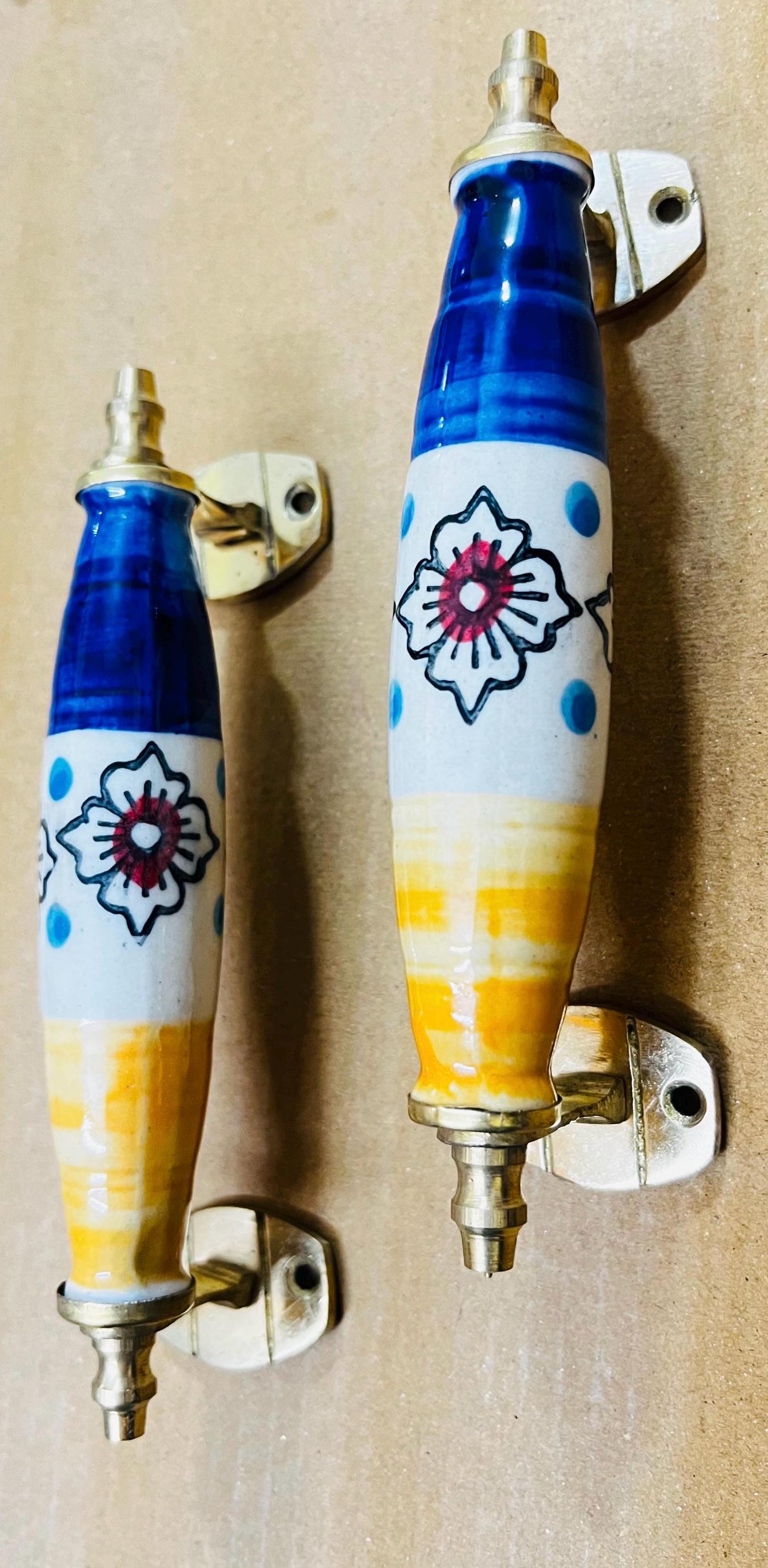 Floral Ceramic Drawer Pulls - Blue, Yellow, and Brass Hardware (Set of 2)