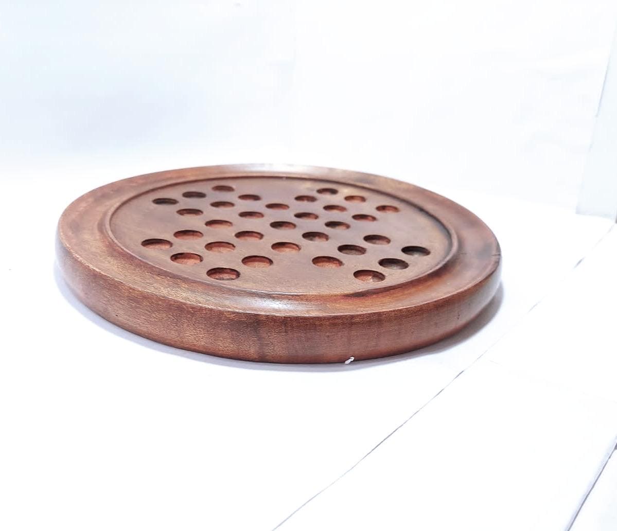 Handcrafted Wooden Solitaire Board Game  Brain Teaser with Glass Marbles