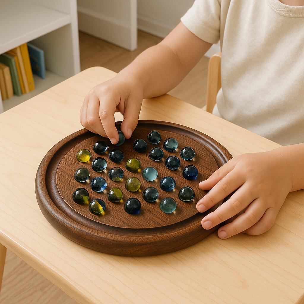 Handcrafted Wooden Solitaire Board Game  Brain Teaser with Glass Marbles