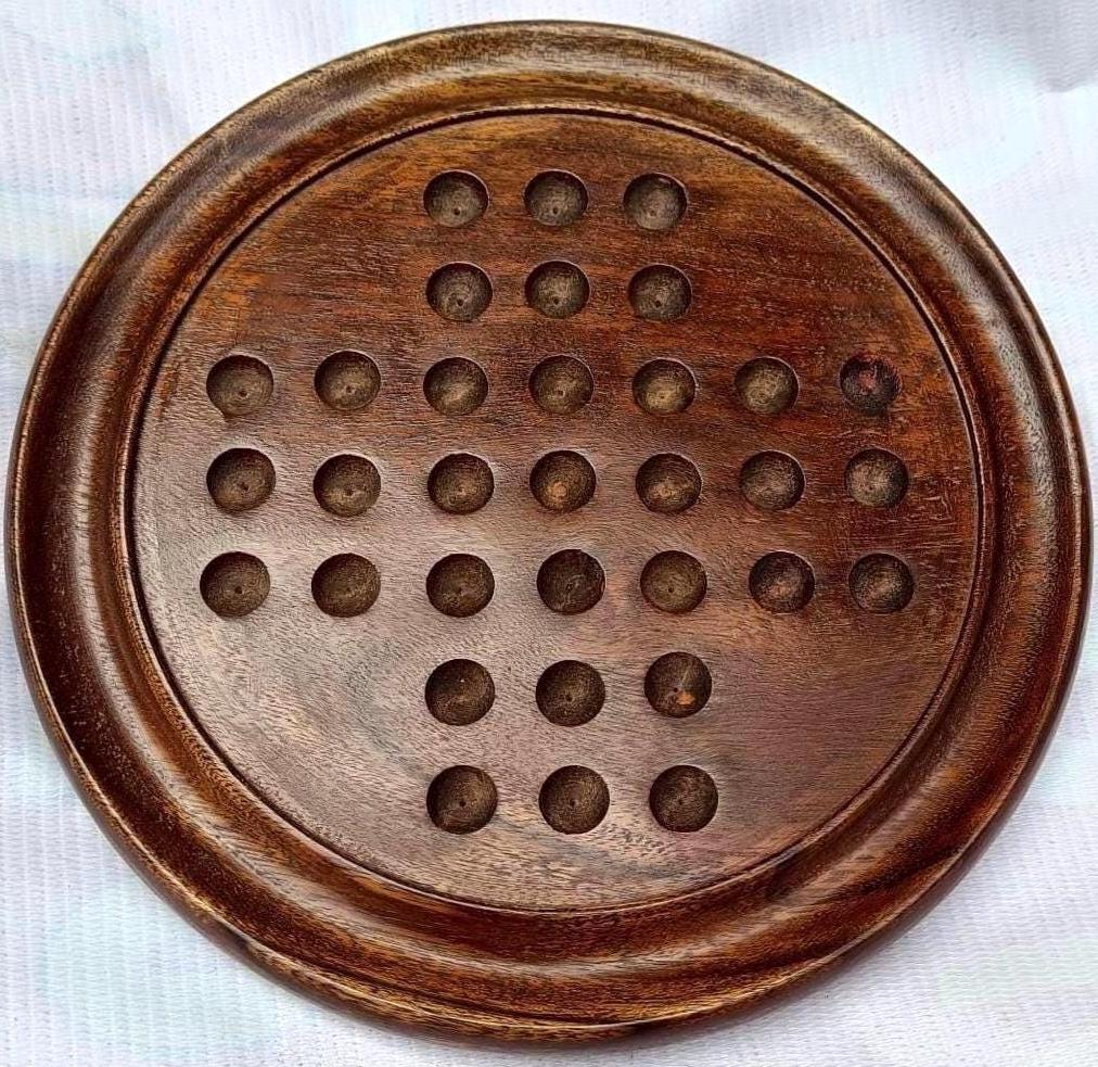 Handcrafted Wooden Solitaire Board Game  Brain Teaser with Glass Marbles