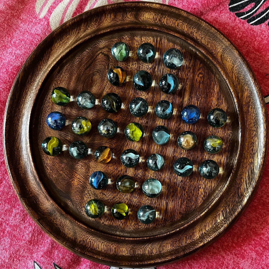 Handcrafted Wooden Solitaire Board Game  Brain Teaser with Glass Marbles