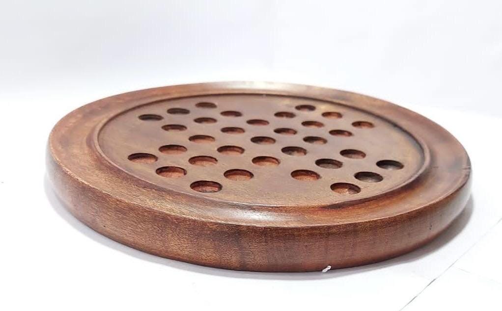 Handcrafted Wooden Solitaire Board Game  Brain Teaser with Glass Marbles