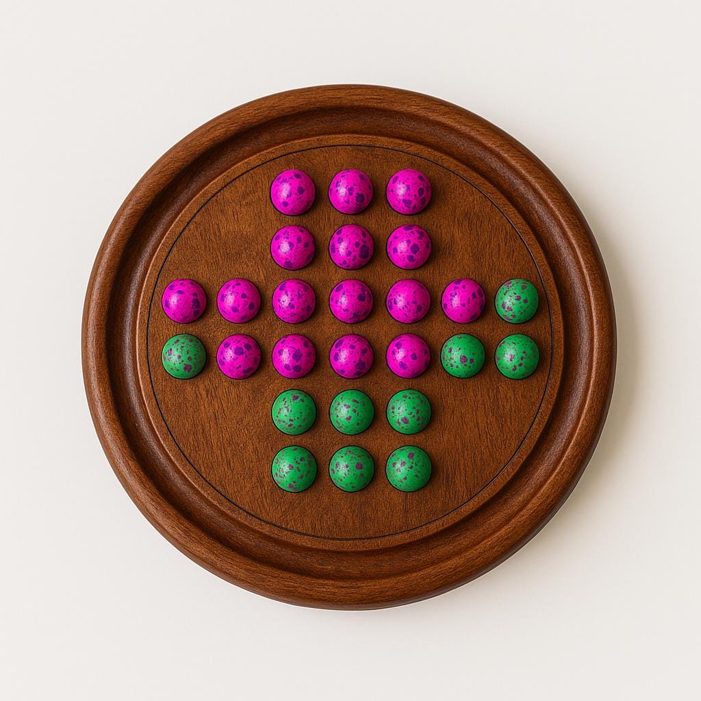 Handmade Wooden Solitaire Board Game  9 Inch, Pink & Green Marbles