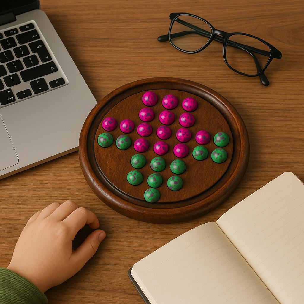 Handmade Wooden Solitaire Board Game  9 Inch, Pink & Green Marbles