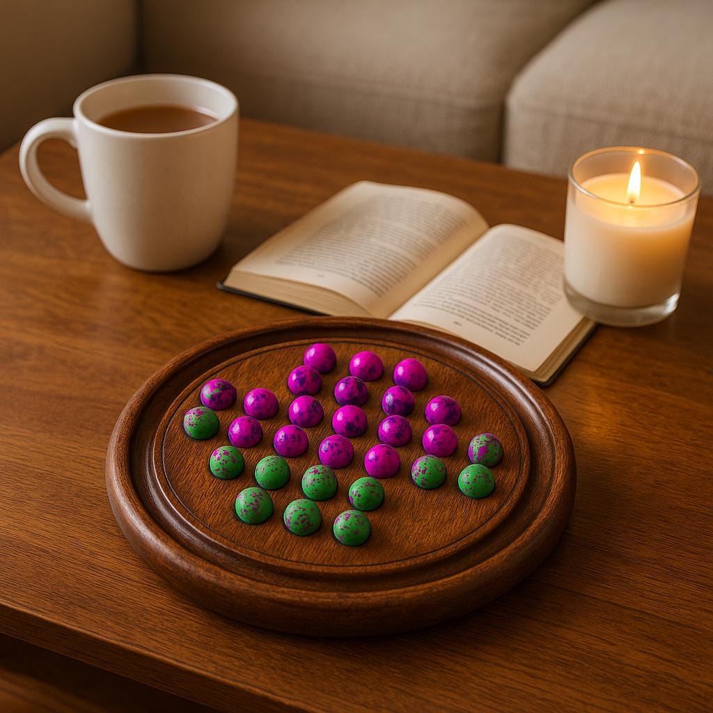 Handmade Wooden Solitaire Board Game  9 Inch, Pink & Green Marbles