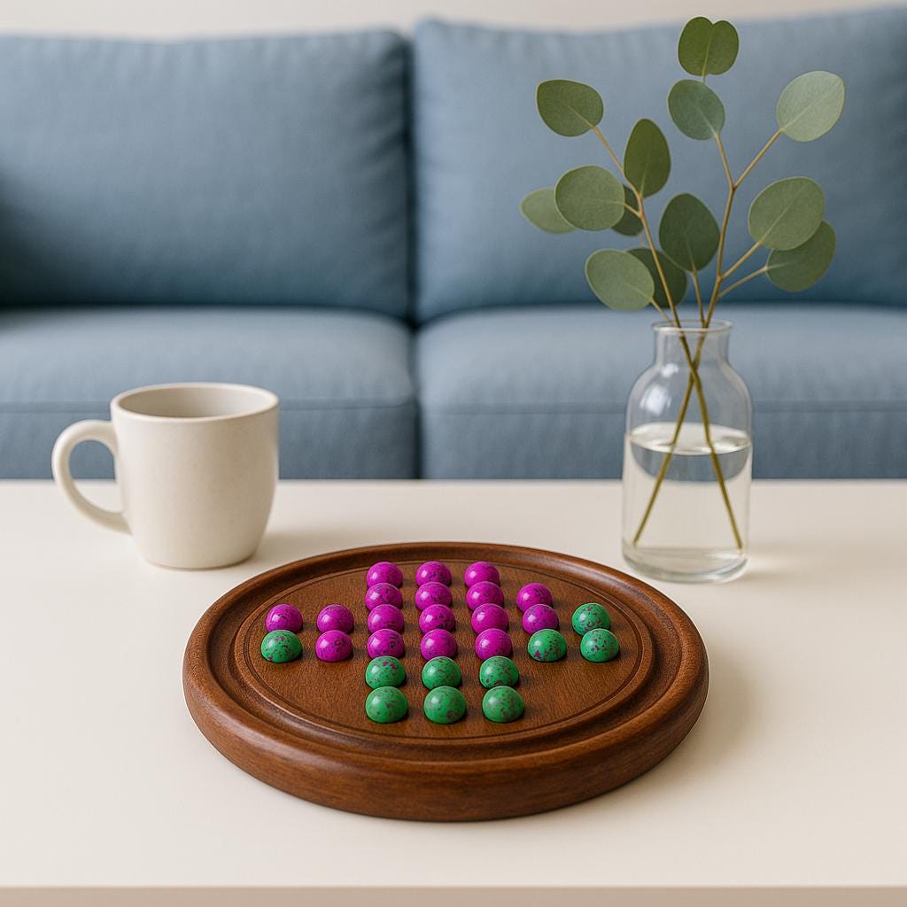 Handmade Wooden Solitaire Board Game  9 Inch, Pink & Green Marbles