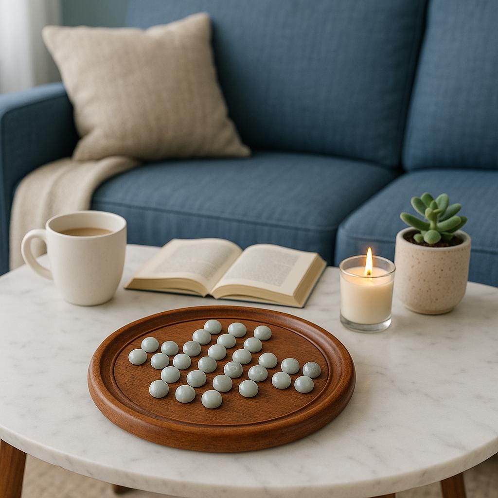 9 Inch Wooden Solitaire Board Game  Handmade White Peg Solitaire  Montessori Toy  Natural Marbles  Coffee Table Decor