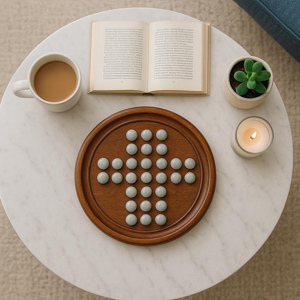 9 Inch Wooden Solitaire Board Game  Handmade White Peg Solitaire  Montessori Toy  Natural Marbles  Coffee Table Decor