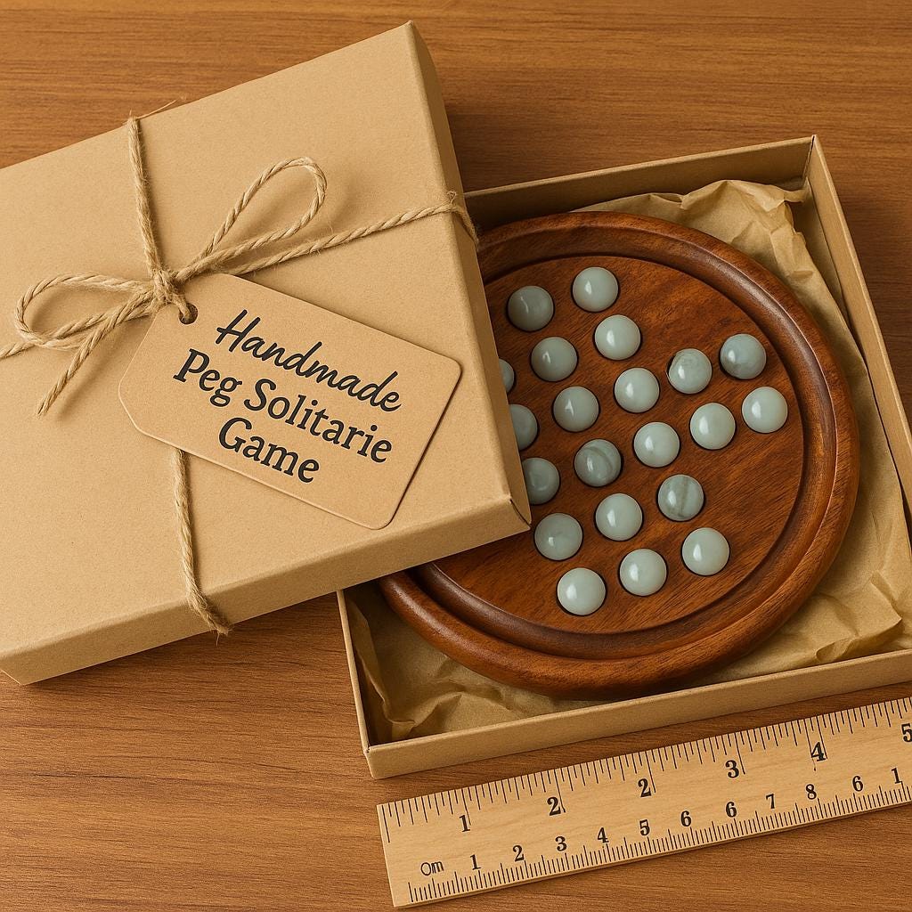 Handmade Wooden Solitaire Board Game  Natural Marble Pegs, 9 Inch