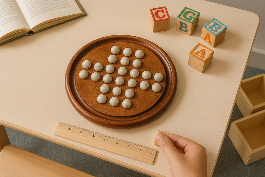Handmade Wooden Solitaire Board Game  Natural Marble Pegs, 9 Inch