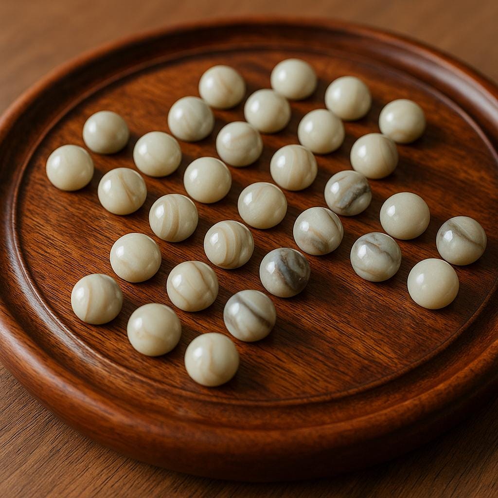 9 Inch Wooden Solitaire Board Game  Handmade White Peg Solitaire  Montessori Toy  Natural Marbles  Coffee Table Decor