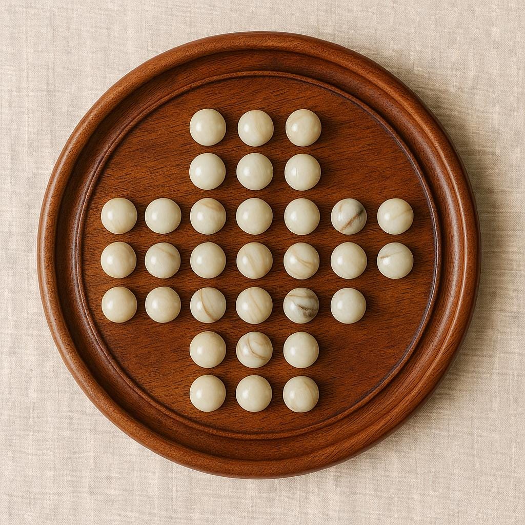 9 Inch Wooden Solitaire Board Game  Handmade White Peg Solitaire  Montessori Toy  Natural Marbles  Coffee Table Decor