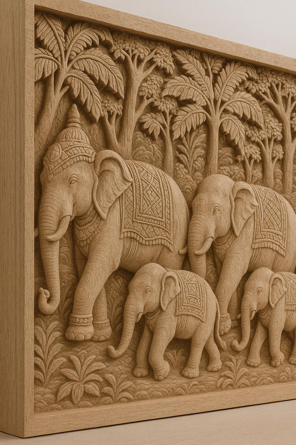 Teak Elephant Parade Wall Panel