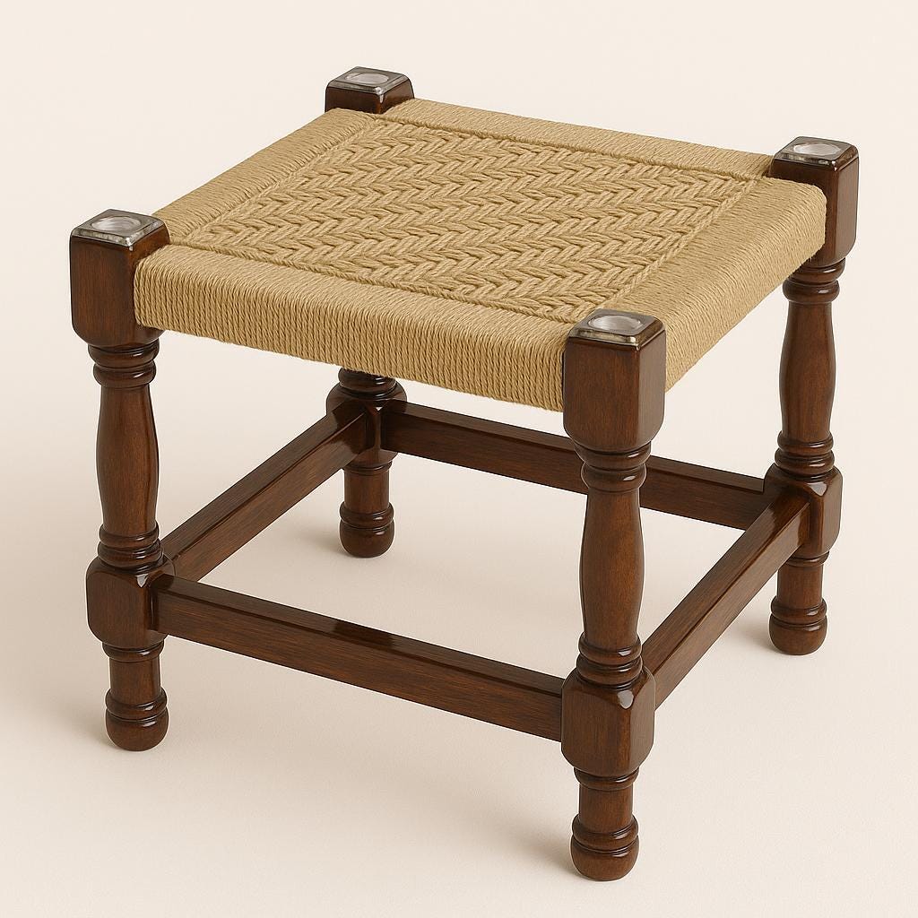 High-Gloss Teak Stool  Accent Corners | Modern Rustic Jute Stool