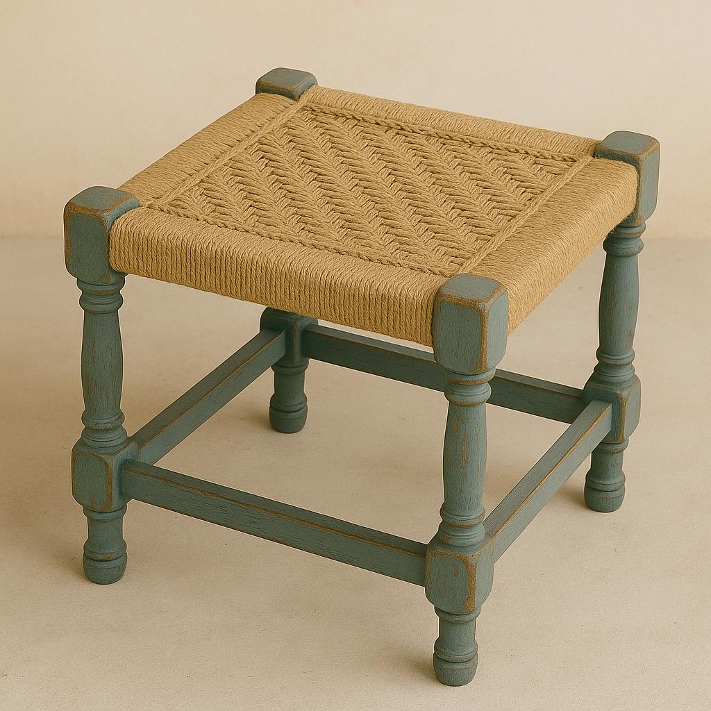 High-Gloss Teak Stool  Accent Corners | Modern Rustic Jute Stool