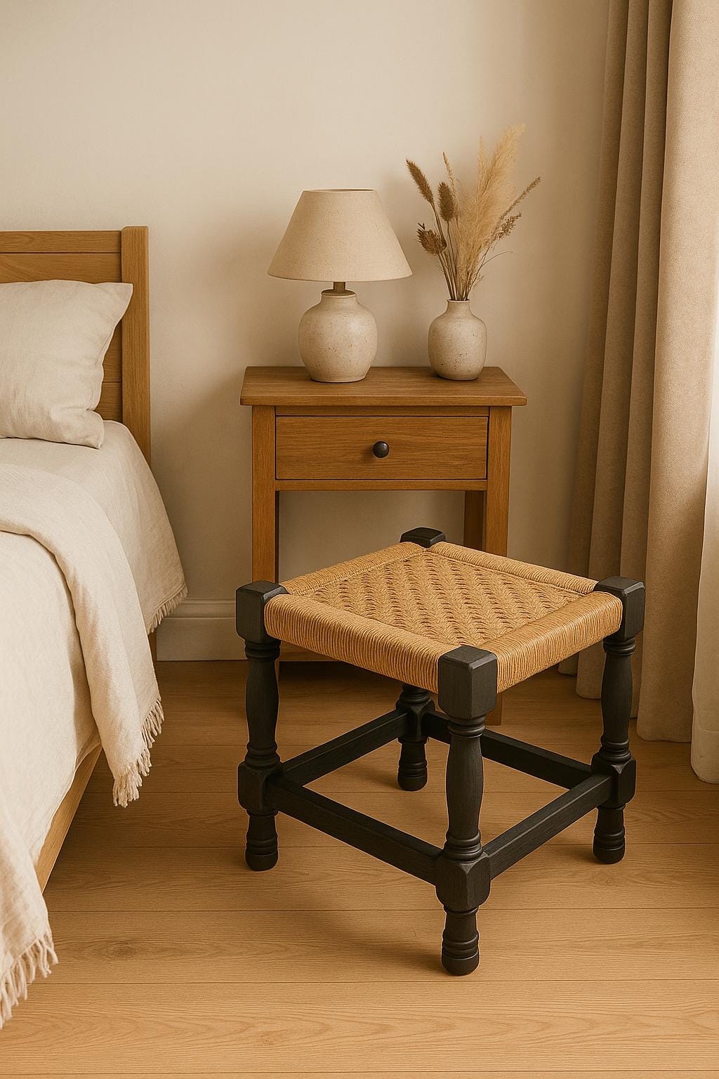 High-Gloss Teak Stool  Accent Corners | Modern Rustic Jute Stool