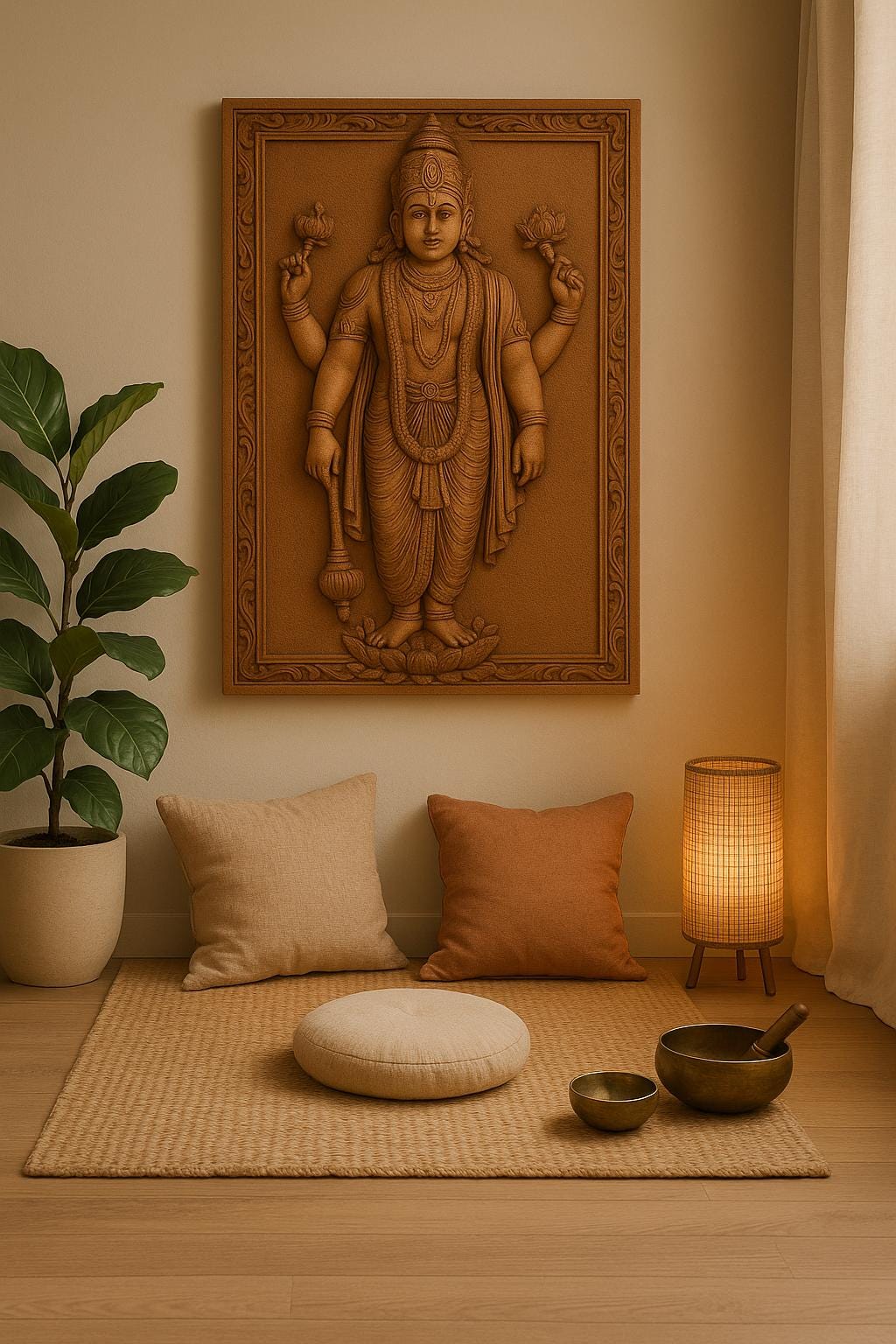 Lord Vishnu Wall Art - Carved Wood Pooja Panel