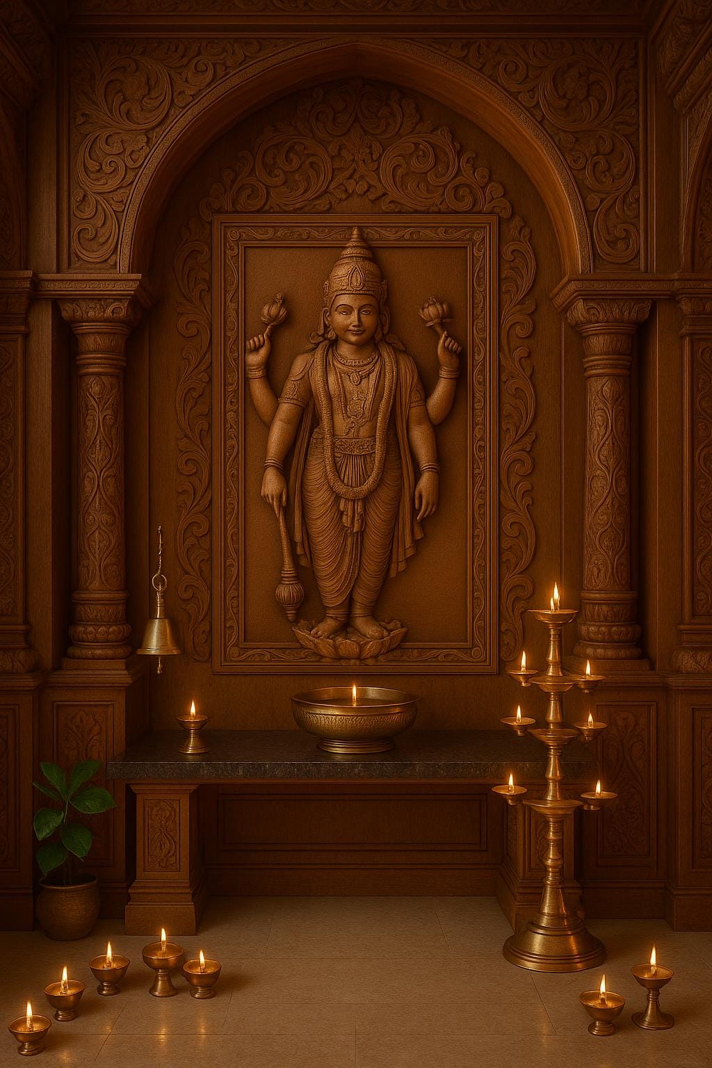 Lord Vishnu Wall Art - Carved Wood Pooja Panel
