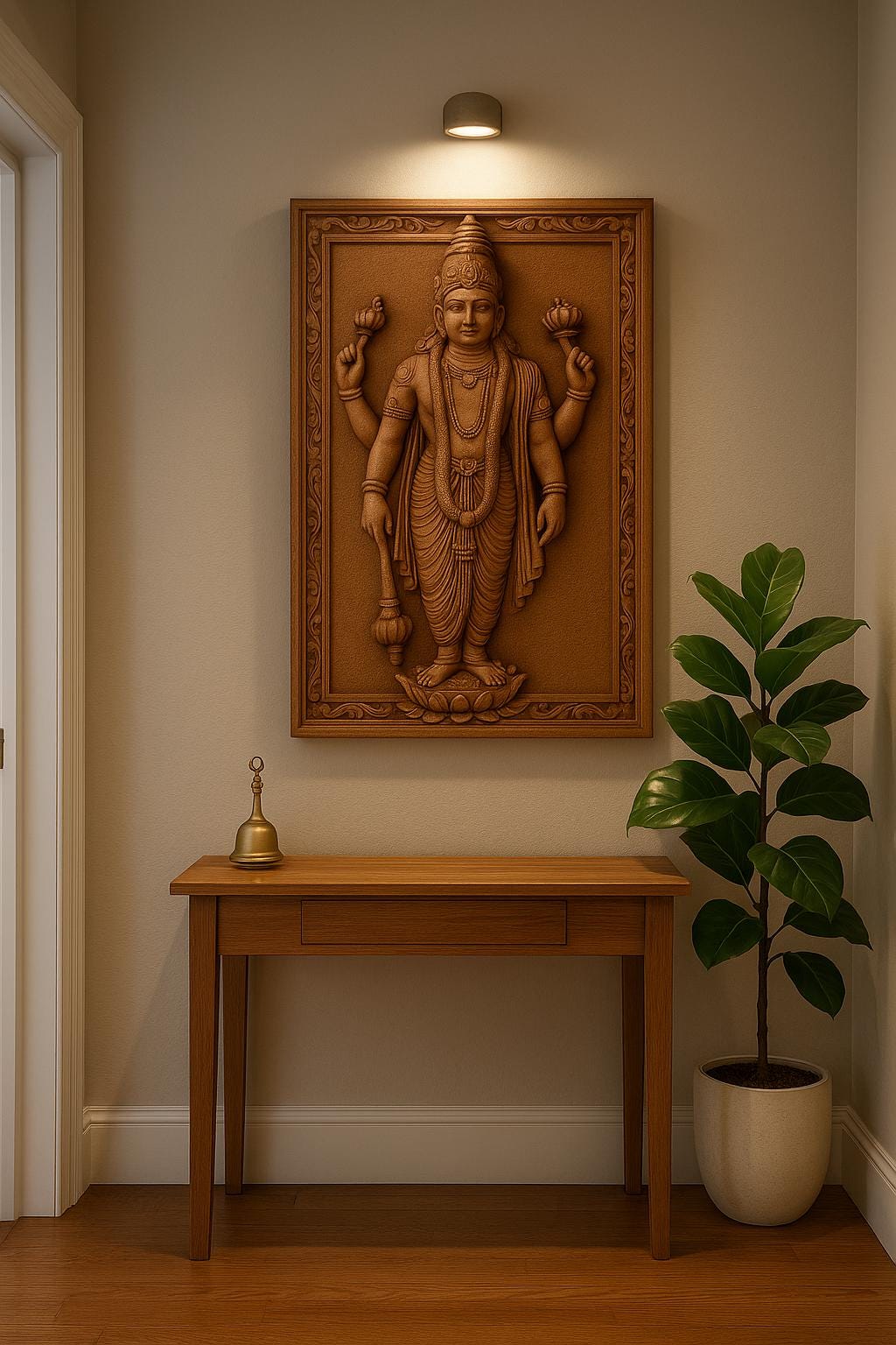 Lord Vishnu Wall Art - Carved Wood Pooja Panel