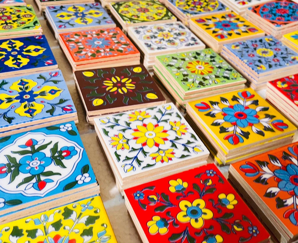 24 Assorted Hand-Painted Tile: Yellow Floral Ceramic Wall Decor,