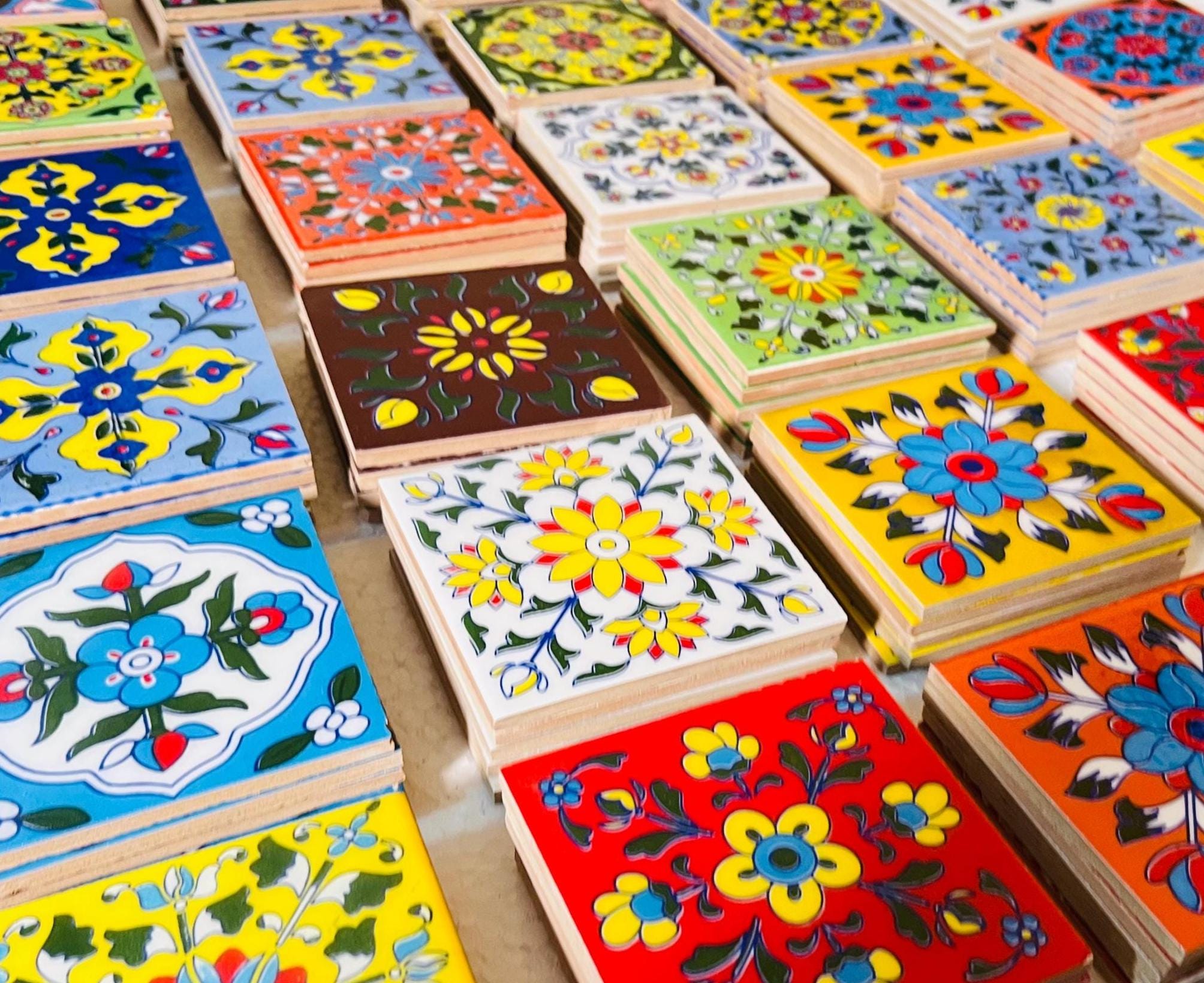 24 Assorted Hand-Painted Tile: Yellow Floral Ceramic Wall Decor,