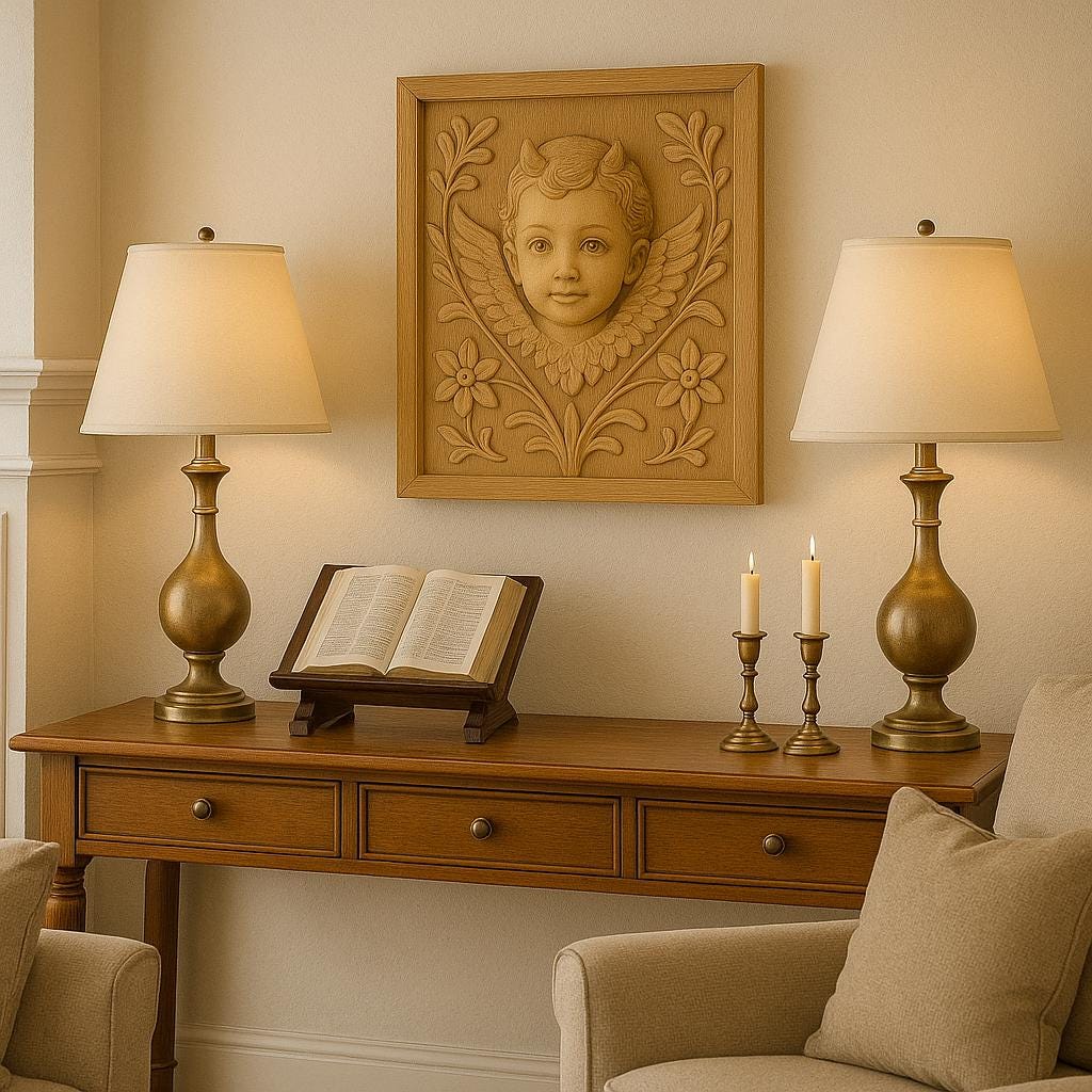 Cherub Wall Panel - Wooden Angel Face Decor