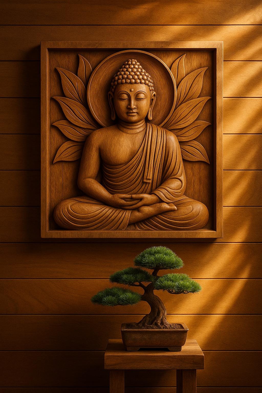 Teak Buddha Wall Panel - Meditation Decor