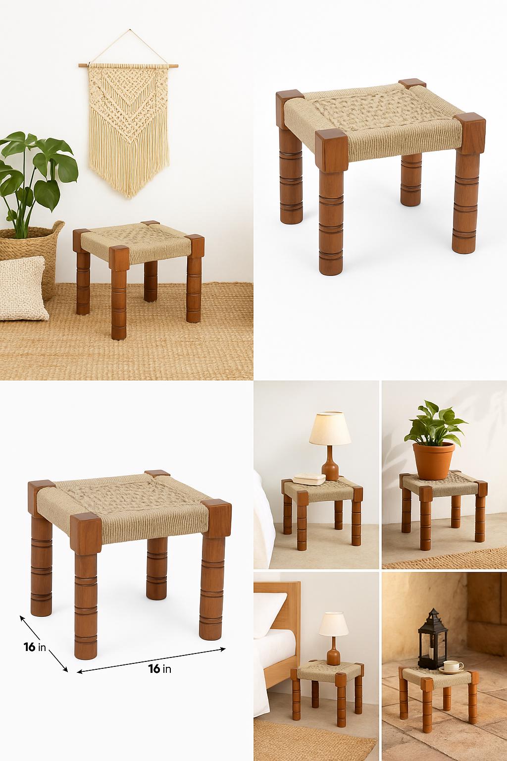 Modern minimalism Handcrafted Wooden Charpai Stool  Rope Woven Accent Table, Footrest, Plant Stand, Bedside Stool, Rustic Boho Furniture