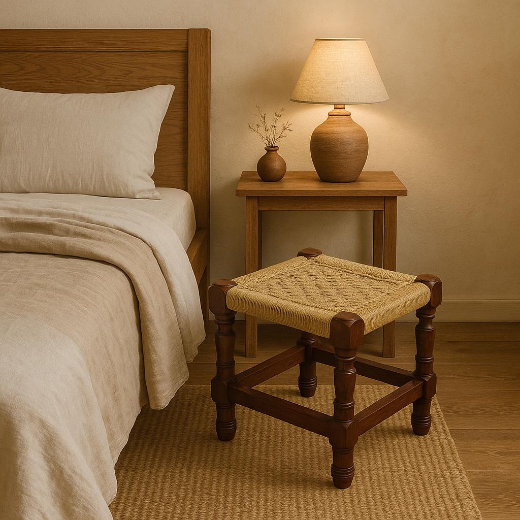 Handwoven Jute Stool - Wooden Charpai Footrest