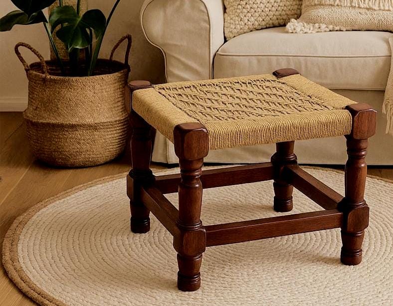 Handwoven Jute Stool - Wooden Charpai Footrest