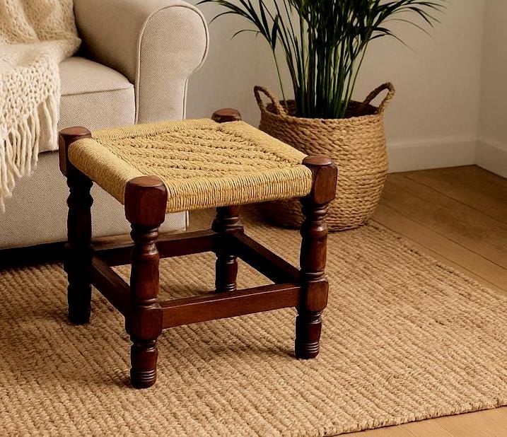 Handwoven Jute Stool - Wooden Charpai Footrest