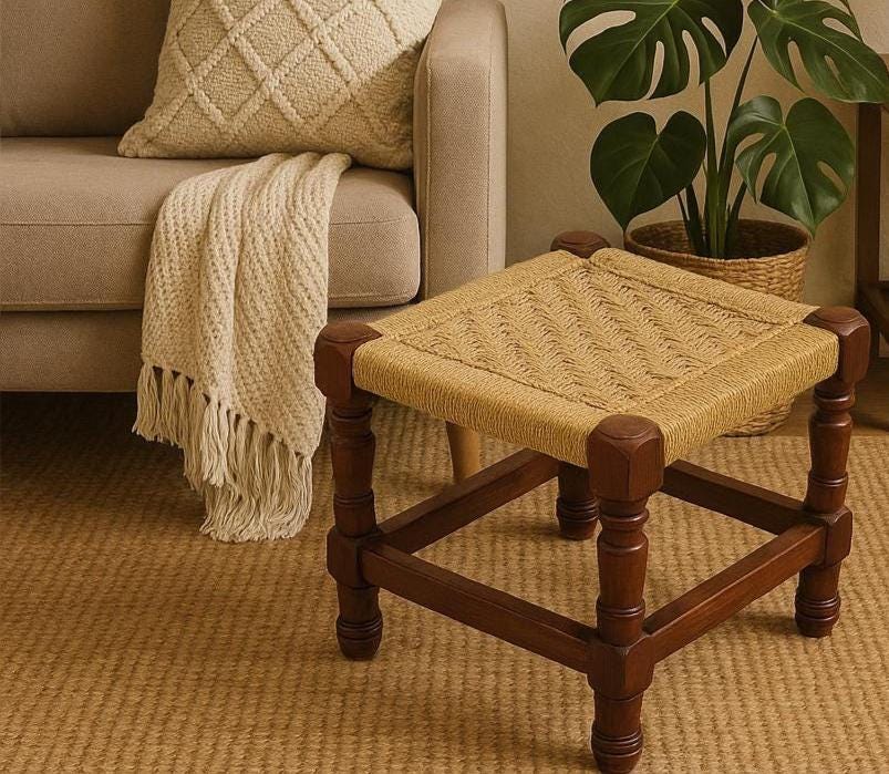Handwoven Jute Stool - Wooden Charpai Footrest