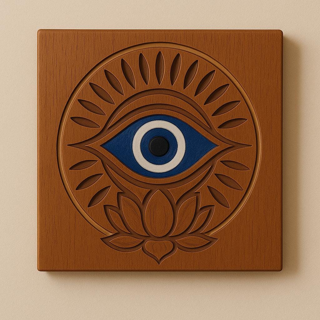 Evil Eye Wooden Wall Art | Nazar Protection Decor | Carved Lotus Evil Eye Plaque | Boho, Rustic, Teak, Distressed White, Teal Wall Hanging