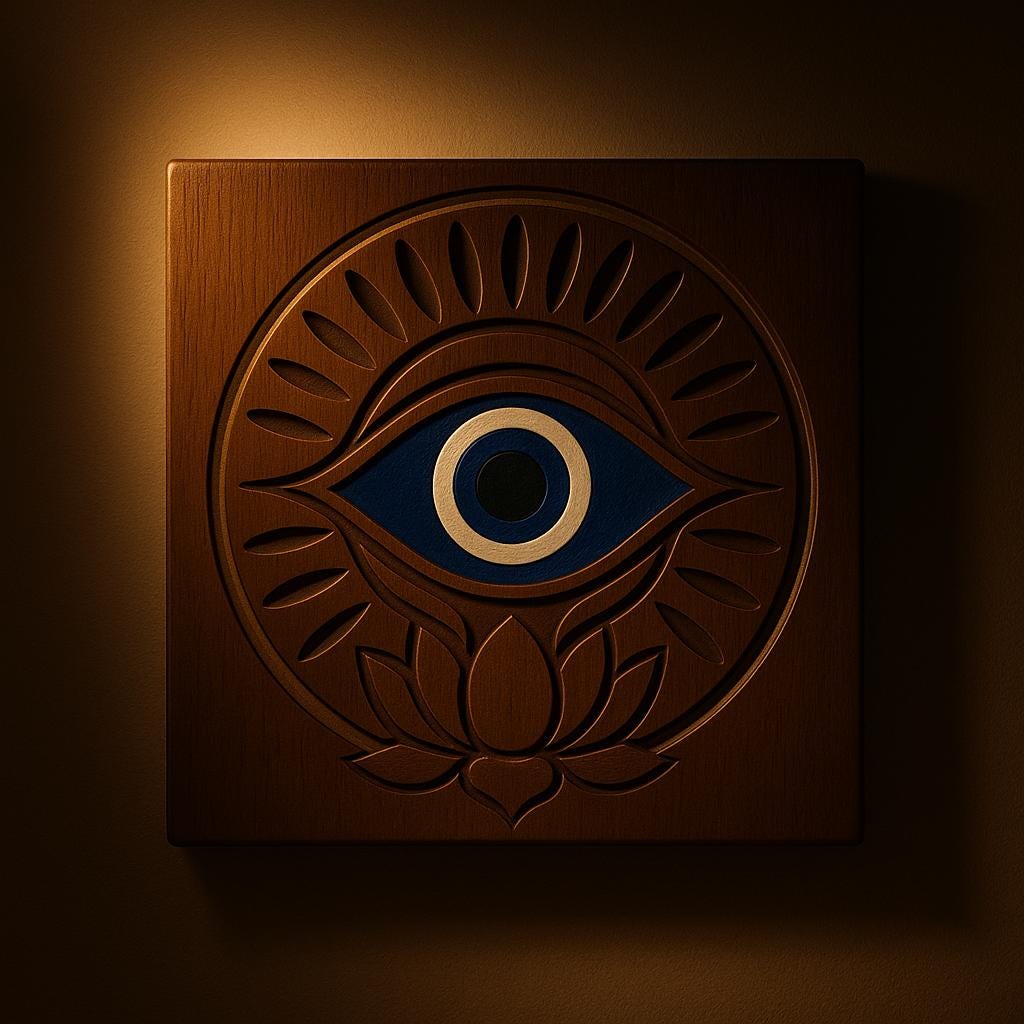 Evil Eye Wooden Wall Art | Nazar Protection Decor | Carved Lotus Evil Eye Plaque | Boho, Rustic, Teak, Distressed White, Teal Wall Hanging