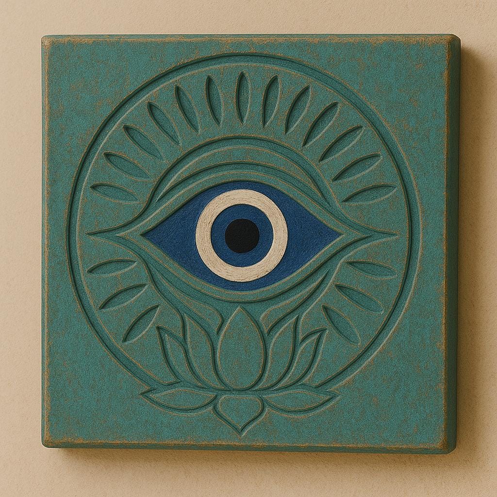Evil Eye Wooden Wall Art | Nazar Protection Decor | Carved Lotus Evil Eye Plaque | Boho, Rustic, Teak, Distressed White, Teal Wall Hanging