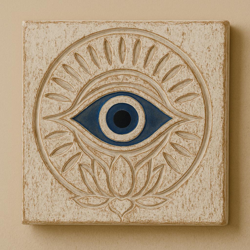 Evil Eye Wooden Wall Art | Nazar Protection Decor | Carved Lotus Evil Eye Plaque | Boho, Rustic, Teak, Distressed White, Teal Wall Hanging