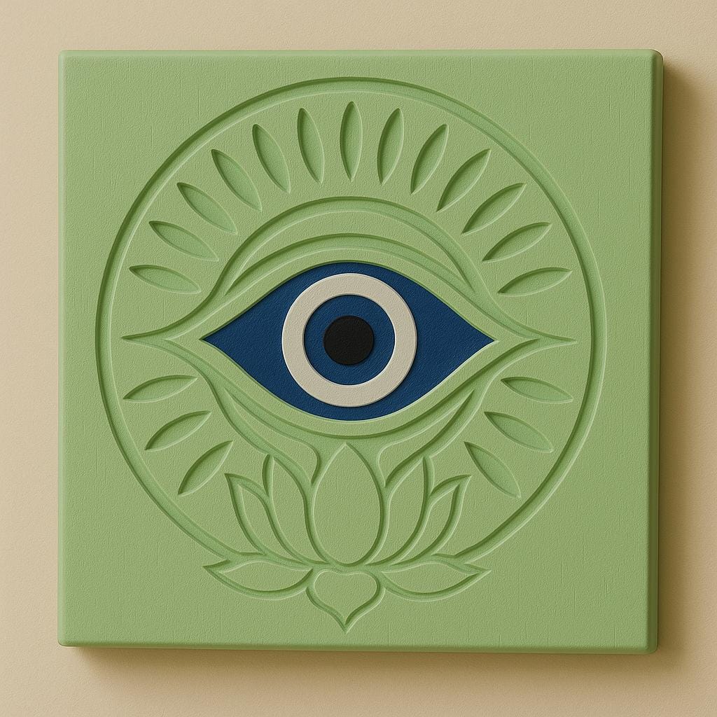 Evil Eye Wooden Wall Art | Nazar Protection Decor | Carved Lotus Evil Eye Plaque | Boho, Rustic, Teak, Distressed White, Teal Wall Hanging