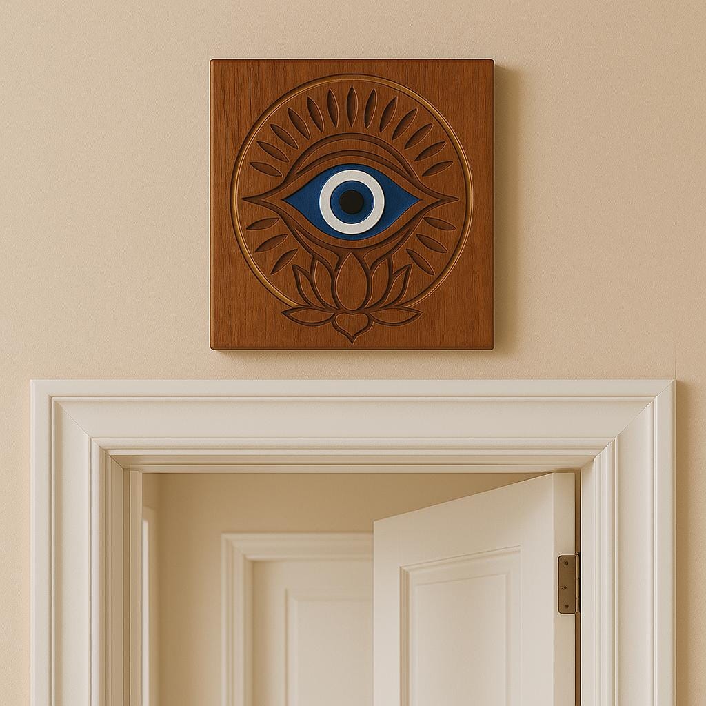 Evil Eye Wooden Wall Art | Nazar Protection Decor | Carved Lotus Evil Eye Plaque | Boho, Rustic, Teak, Distressed White, Teal Wall Hanging